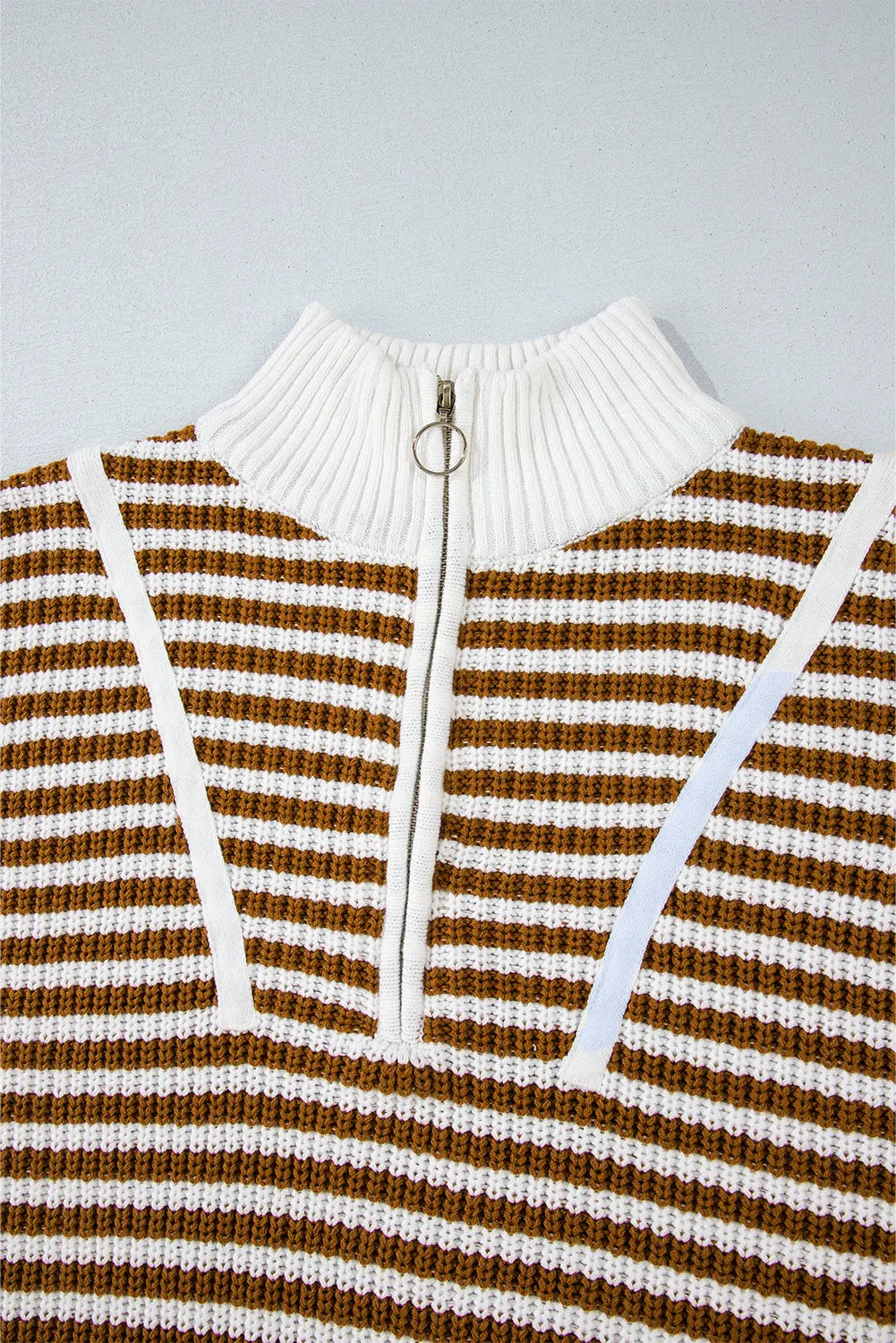 Khaki Stripe Zip up Collar Drop Shoulder Sweater eAura