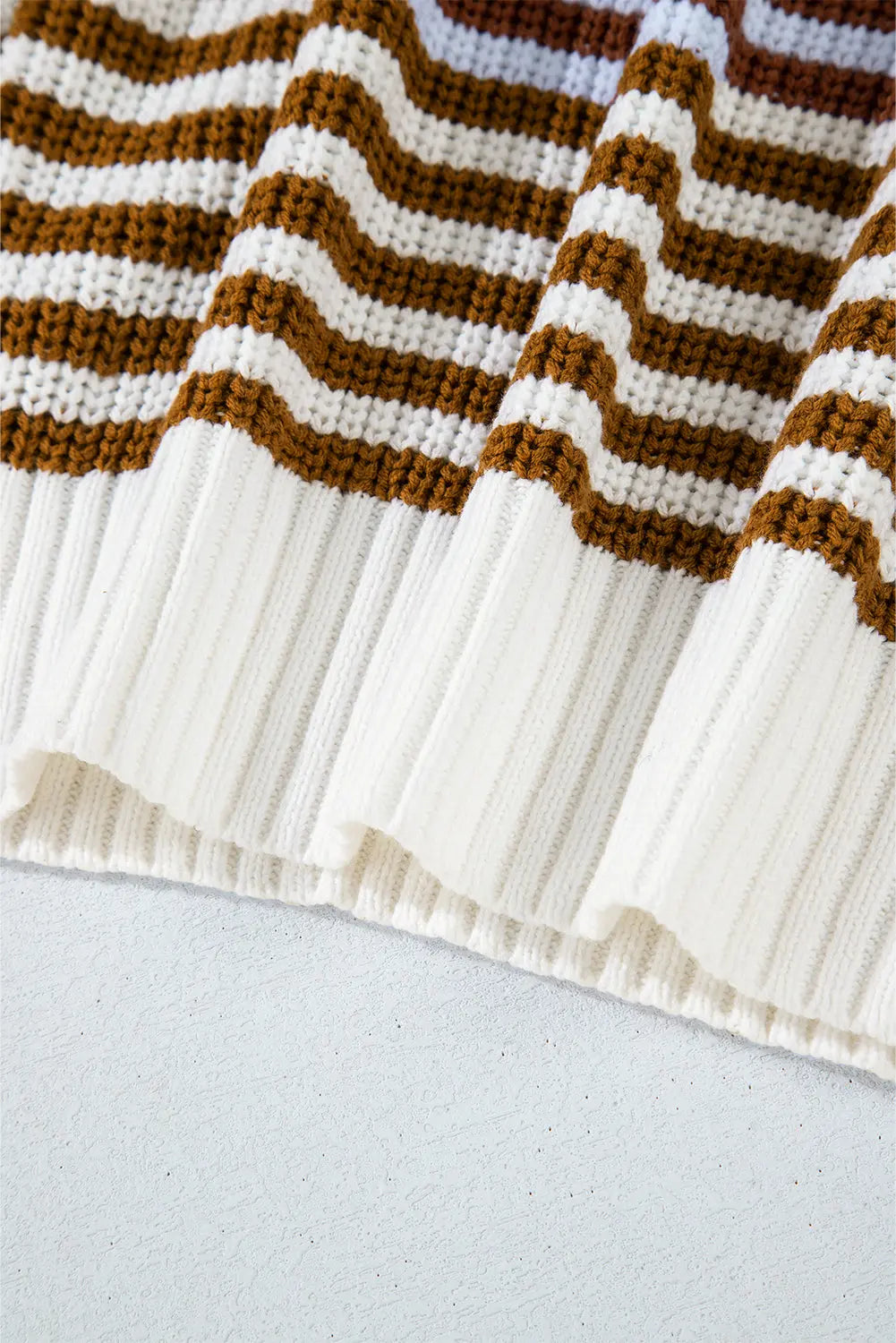 Khaki Stripe Zip up Collar Drop Shoulder Sweater eAura