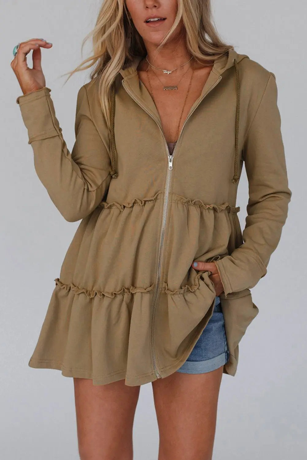 Khaki Tiered Ruffled Zip-Up Drawstring Hooded Jacket - eAura