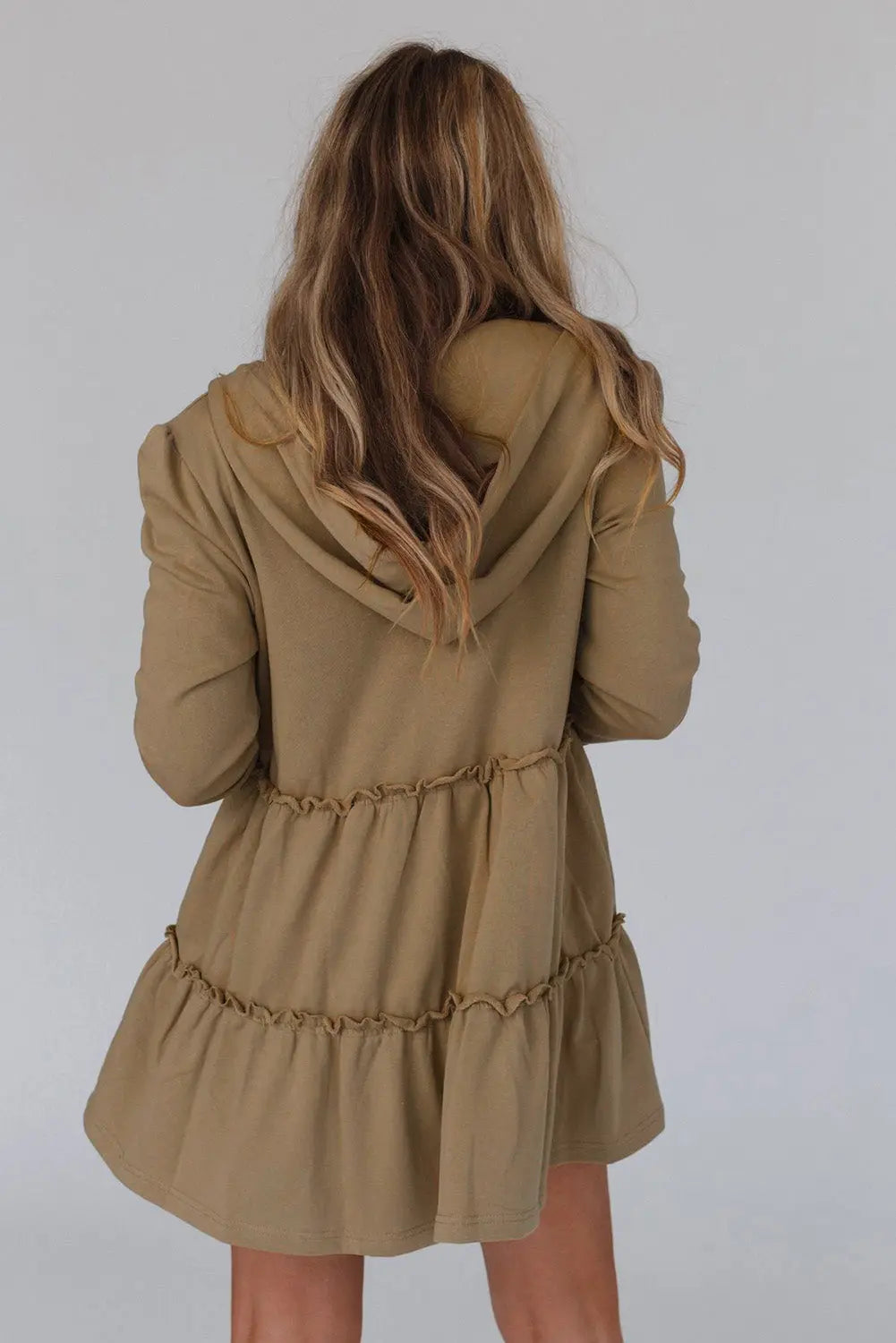 Khaki Tiered Ruffled Zip-Up Drawstring Hooded Jacket - eAura