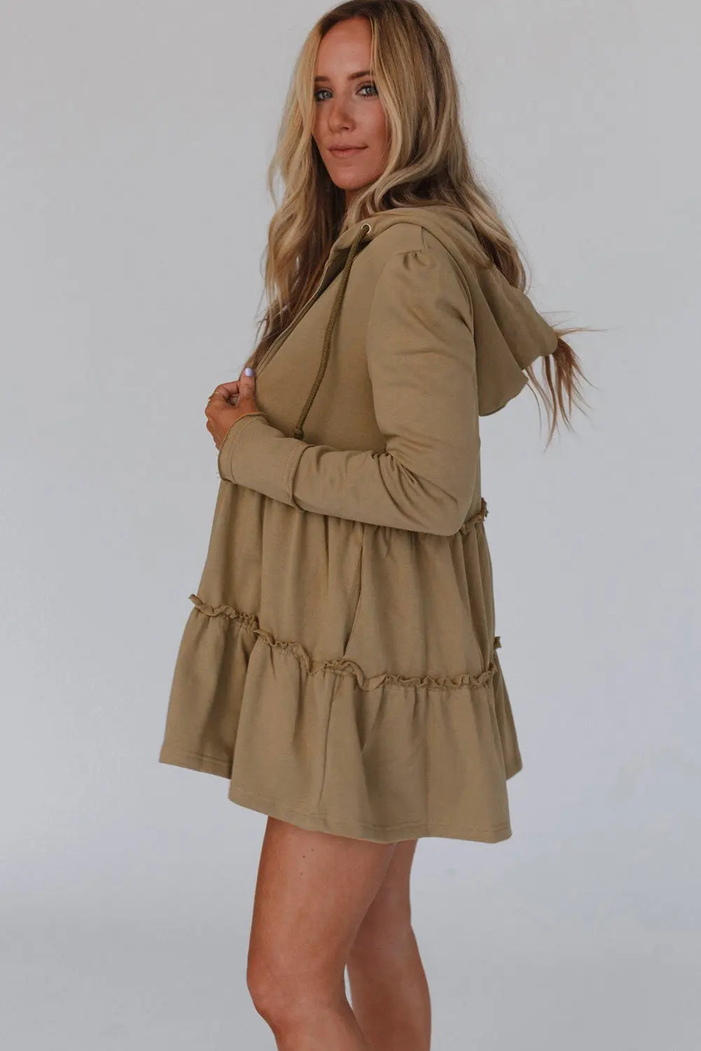 Khaki Tiered Ruffled Zip-Up Drawstring Hooded Jacket - eAura