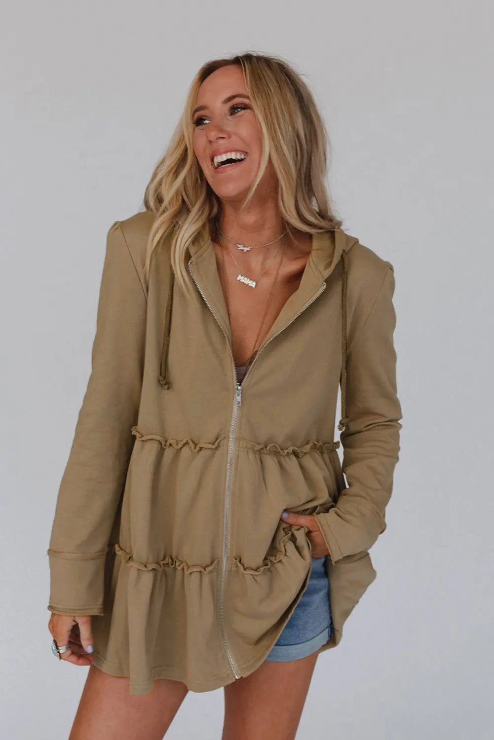 Khaki Tiered Ruffled Zip-Up Drawstring Hooded Jacket - eAura