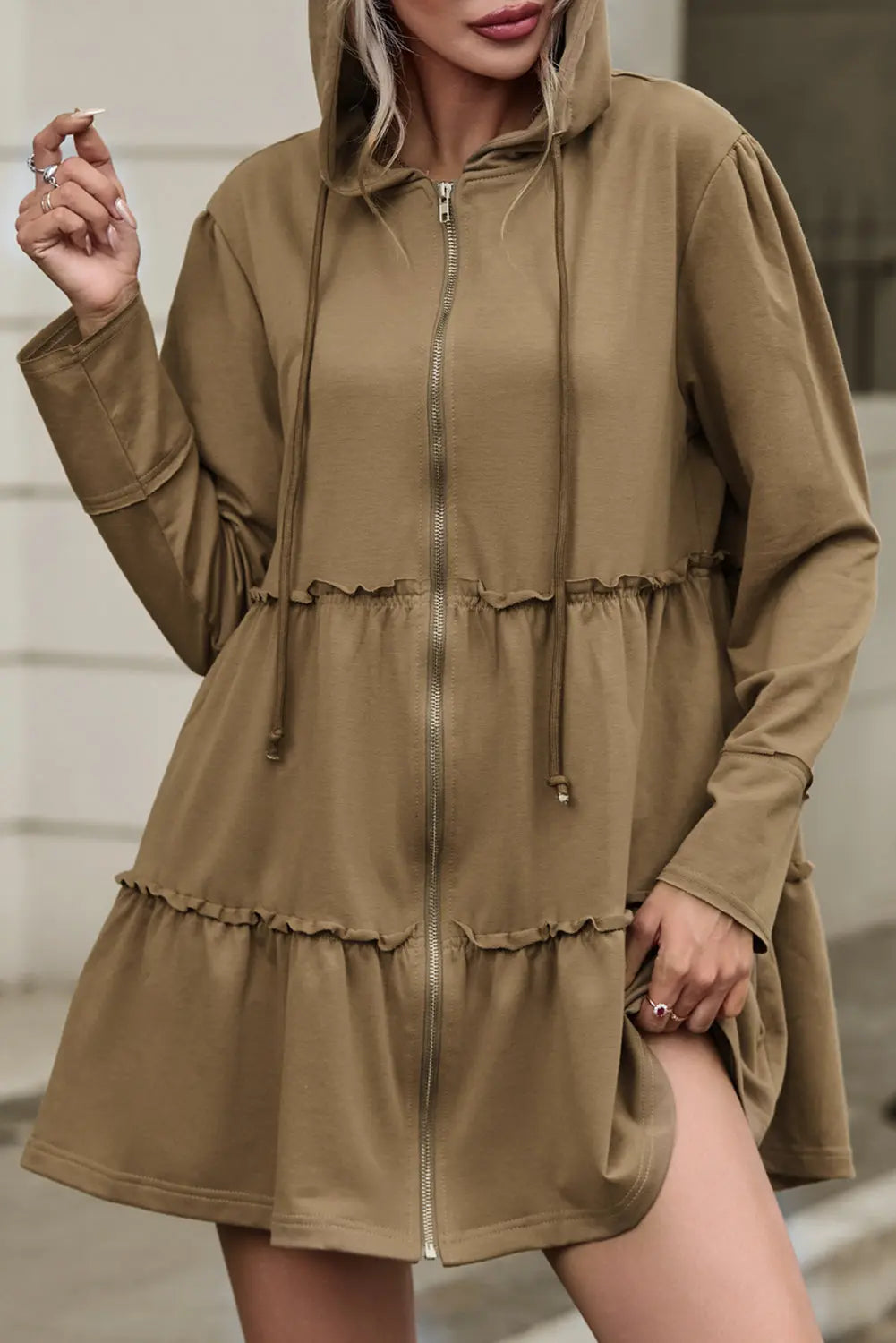 Khaki Tiered Ruffled Zip-Up Drawstring Hooded Jacket - eAura