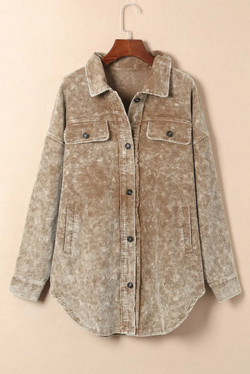 Khaki Vintage Distressed Mineral Wash Oversized Shacket - Outerwear/Jackets