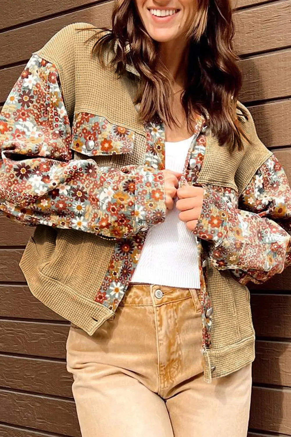 Khaki Waffle Knit Floral Print Patchwork Button up Jacket Beagle Boutique Fashion Outlet