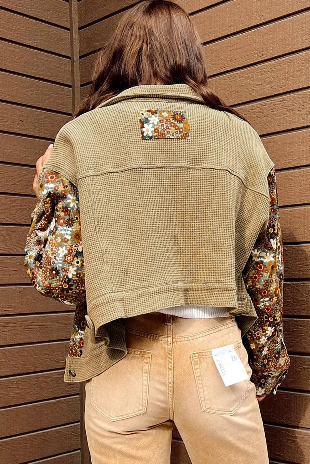 Khaki Waffle Knit Floral Print Patchwork Button up Jacket Beagle Boutique Fashion Outlet