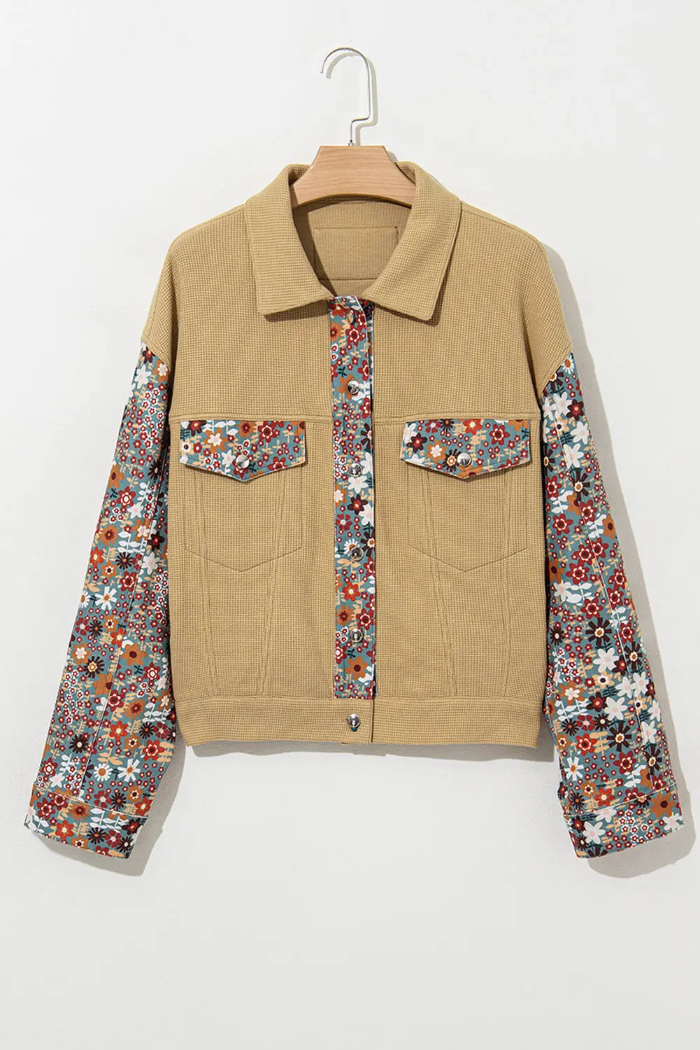 Khaki Waffle Knit Floral Print Patchwork Button up Jacket Beagle Boutique Fashion Outlet