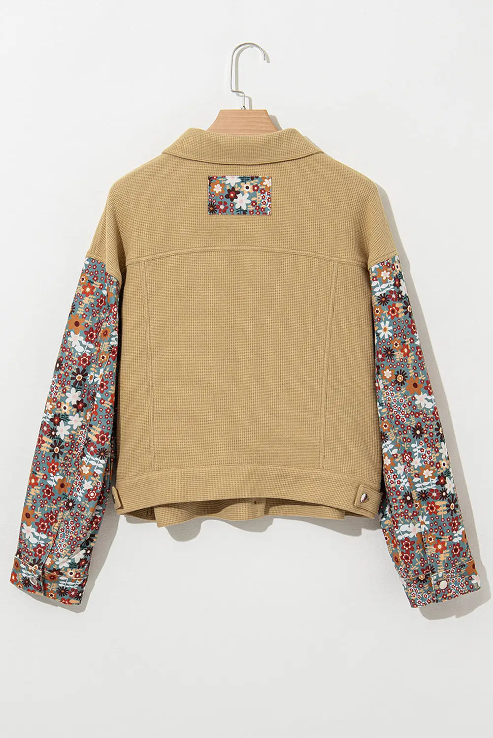 Khaki Waffle Knit Floral Print Patchwork Button up Jacket Beagle Boutique Fashion Outlet