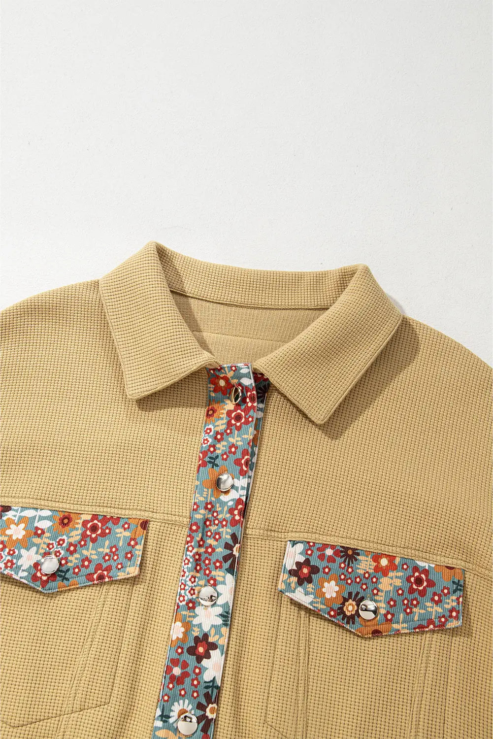 Khaki Waffle Knit Floral Print Patchwork Button up Jacket Beagle Boutique Fashion Outlet