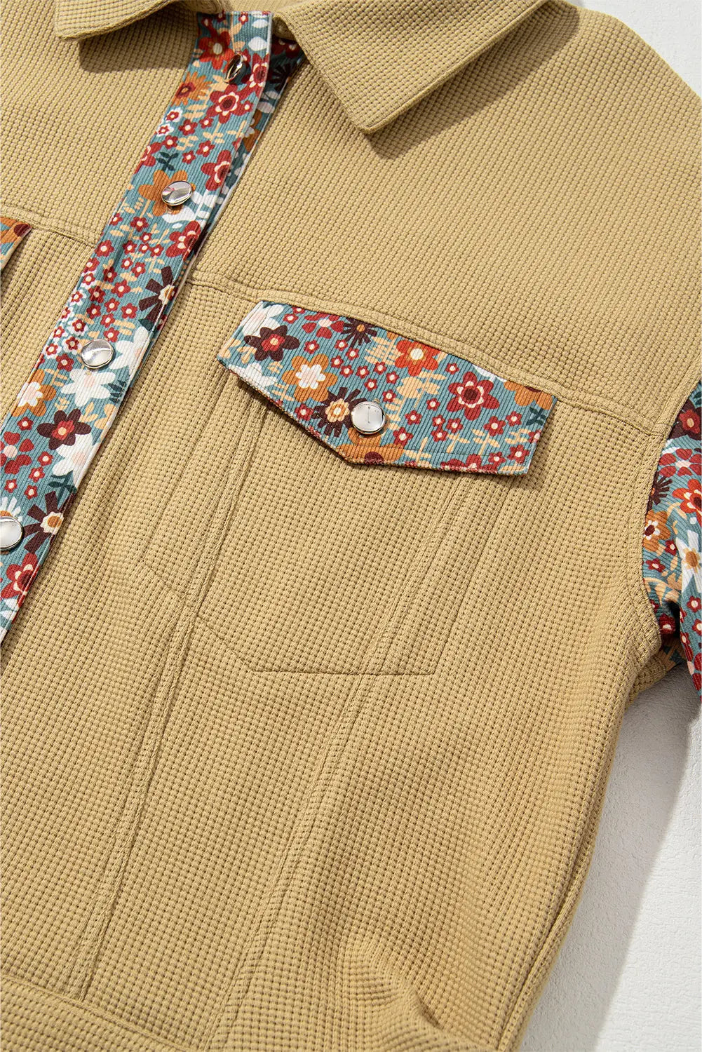 Khaki Waffle Knit Floral Print Patchwork Button up Jacket Beagle Boutique Fashion Outlet