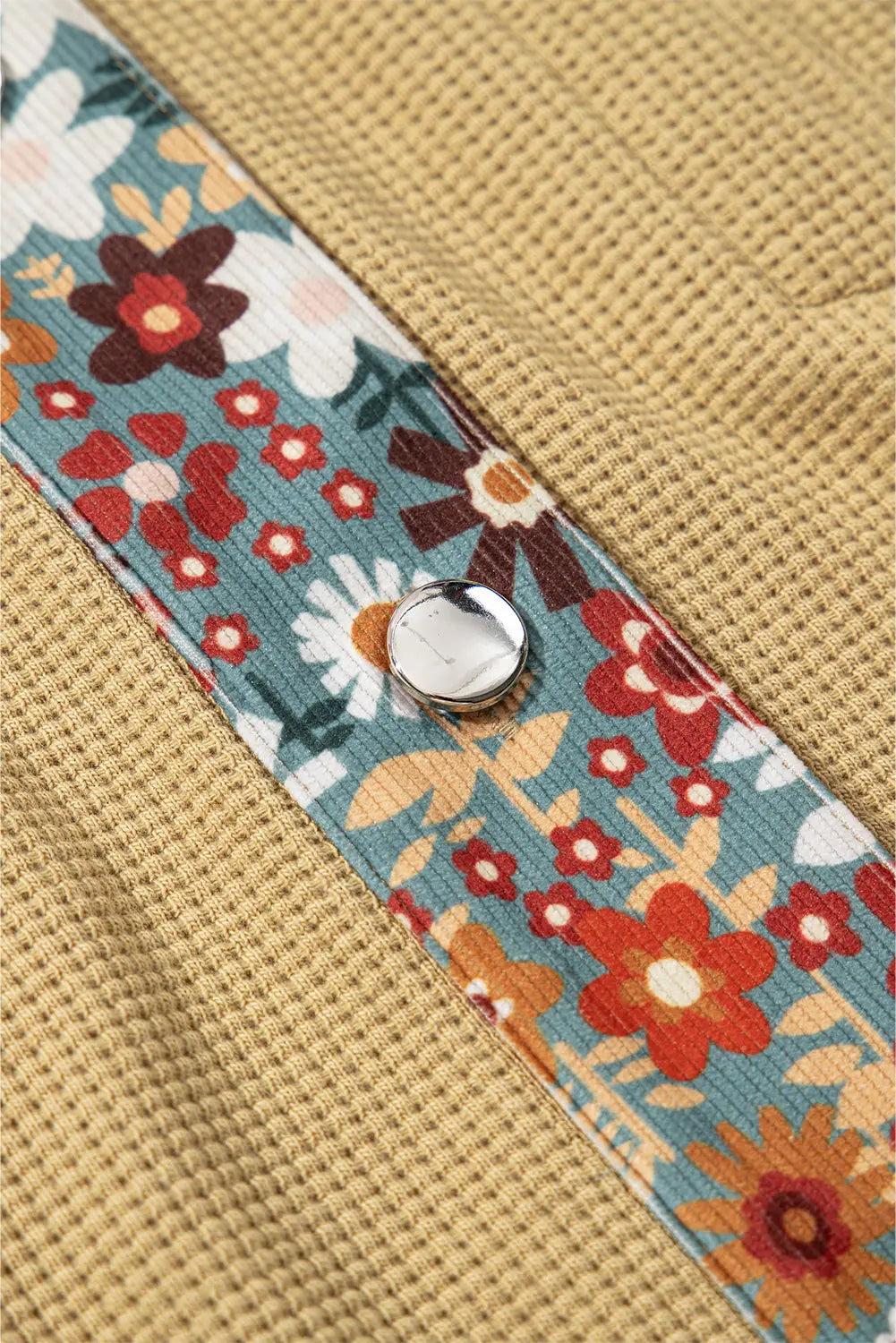 Khaki Waffle Knit Floral Print Patchwork Button up Jacket Beagle Boutique Fashion Outlet
