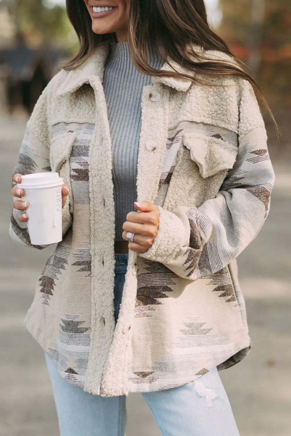 Khaki Western Aztec Print Sherpa Splicing Buttoned Flap Pocket Coat Beagle Boutique Fashion Outlet