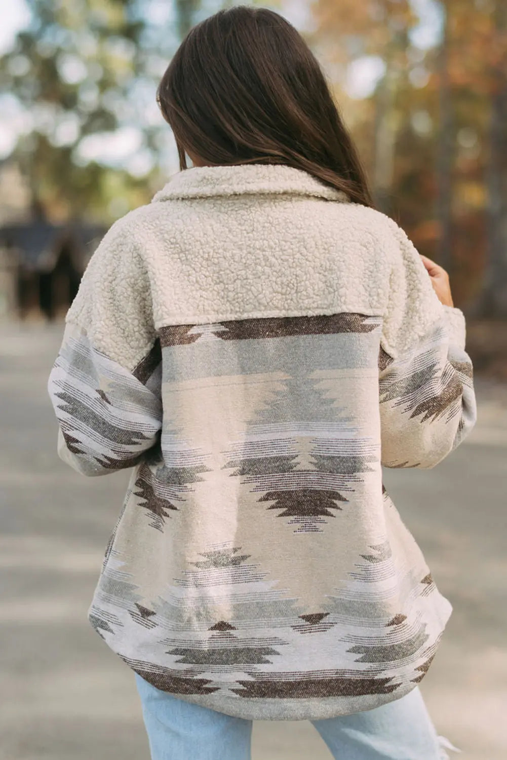 Khaki Western Aztec Print Sherpa Splicing Buttoned Flap Pocket Coat Beagle Boutique Fashion Outlet