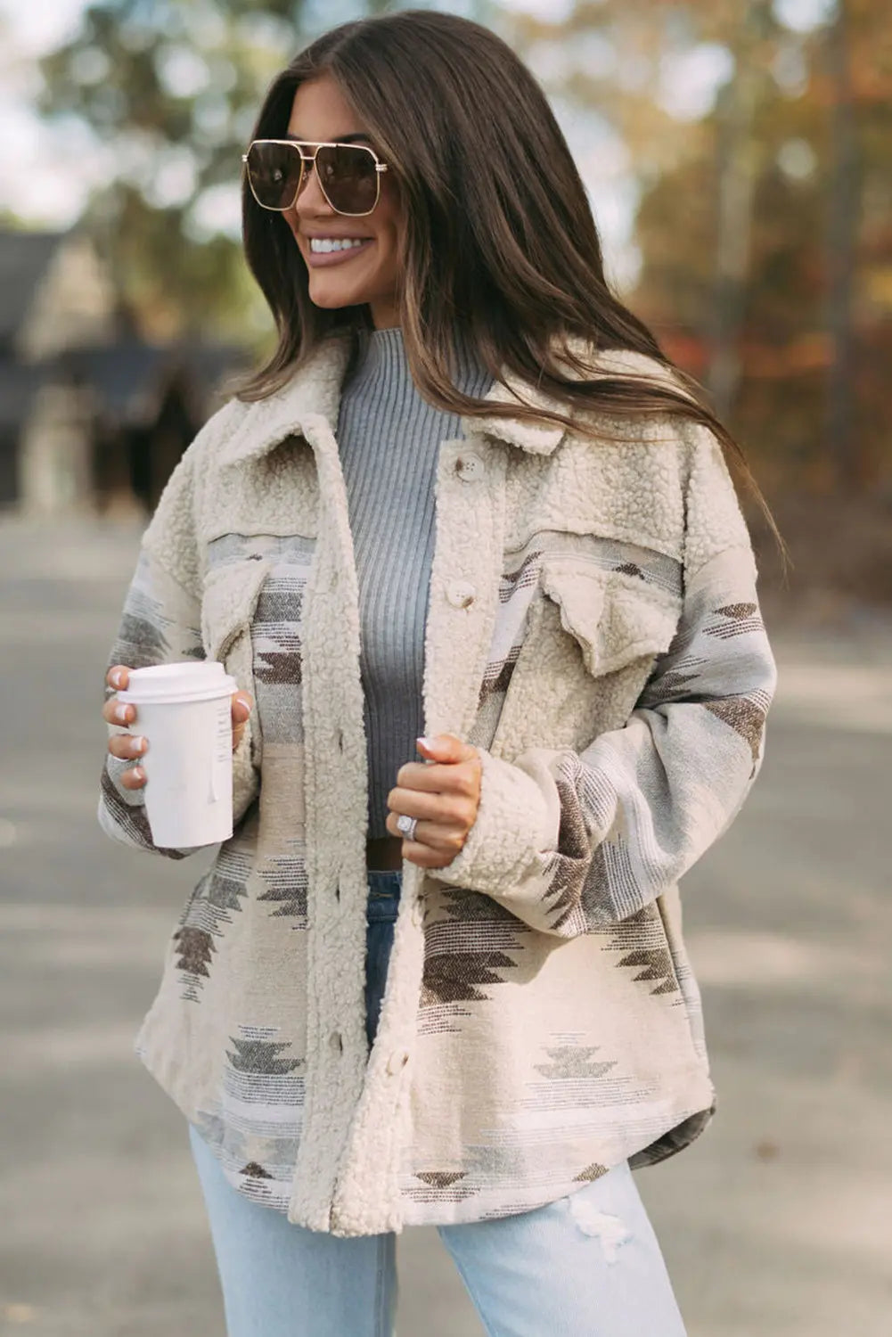Khaki Western Aztec Print Sherpa Splicing Buttoned Flap Pocket Coat Beagle Boutique Fashion Outlet