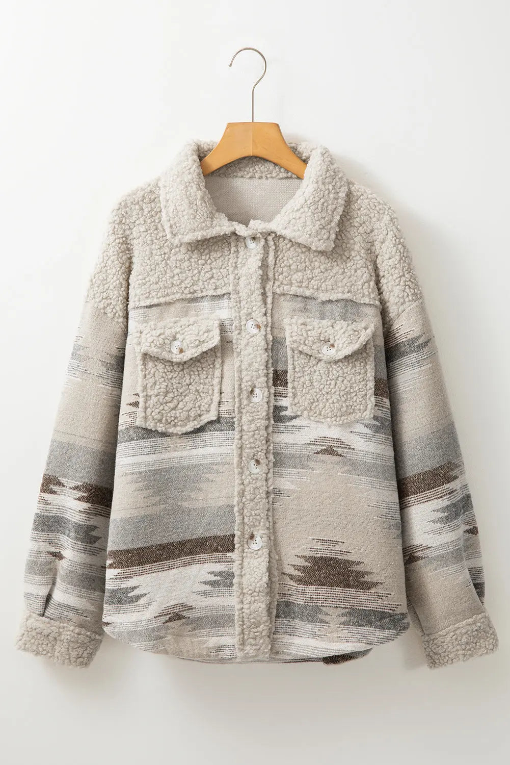 Khaki Western Aztec Print Sherpa Splicing Buttoned Flap Pocket Coat Beagle Boutique Fashion Outlet