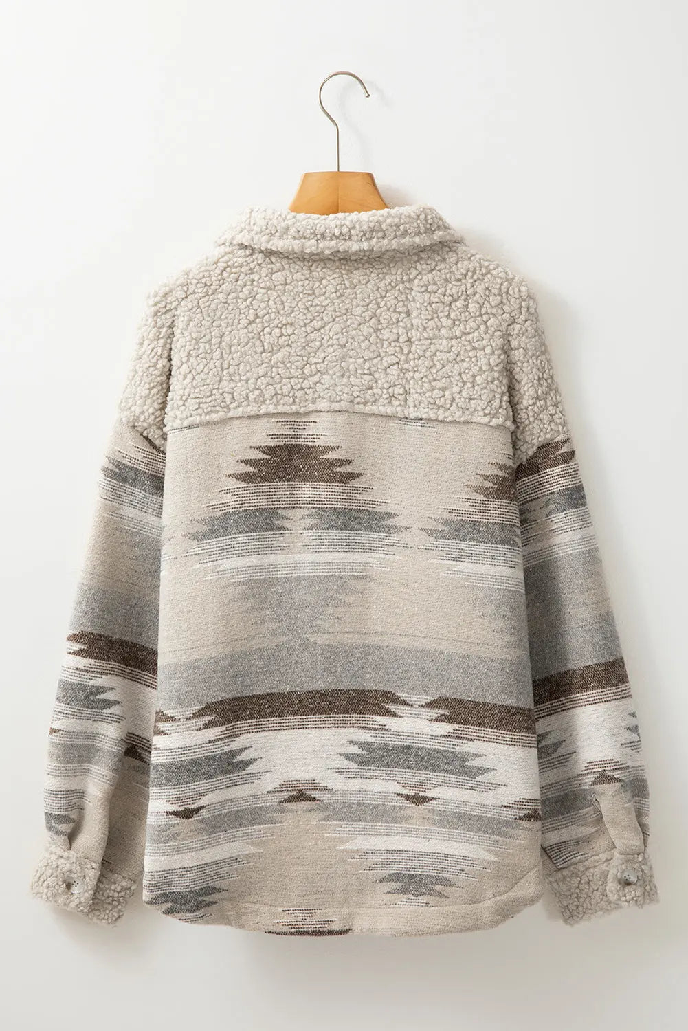 Khaki Western Aztec Print Sherpa Splicing Buttoned Flap Pocket Coat Beagle Boutique Fashion Outlet