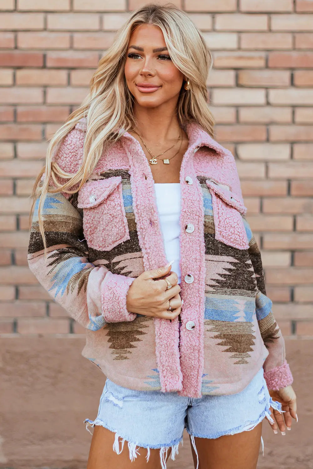 Khaki Western Aztec Print Sherpa Splicing Buttoned Flap Pocket Coat Beagle Boutique Fashion Outlet