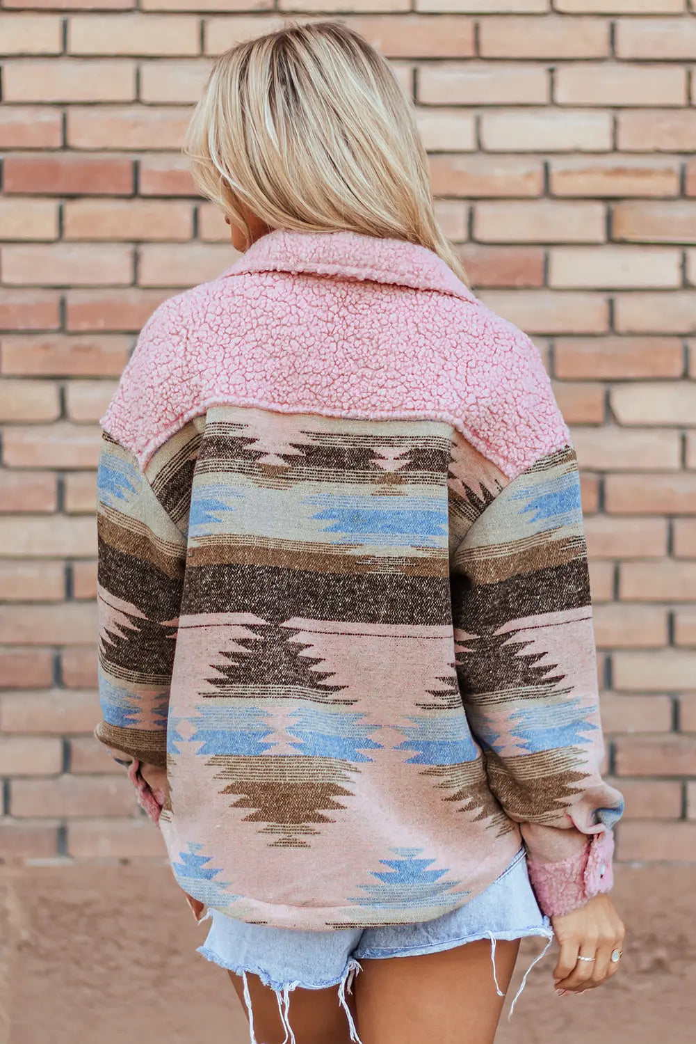 Khaki Western Aztec Print Sherpa Splicing Buttoned Flap Pocket Coat Beagle Boutique Fashion Outlet