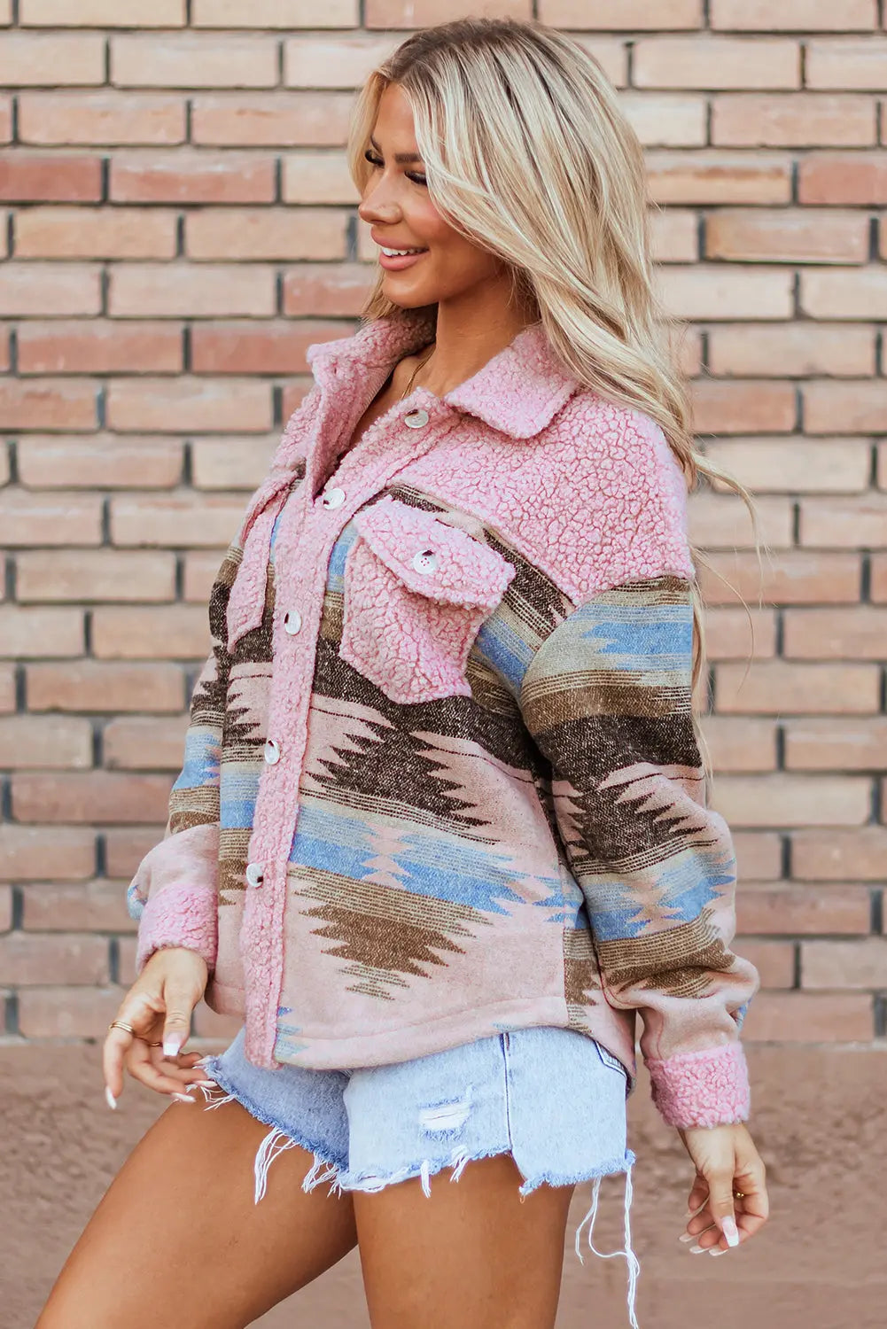 Khaki Western Aztec Print Sherpa Splicing Buttoned Flap Pocket Coat Beagle Boutique Fashion Outlet
