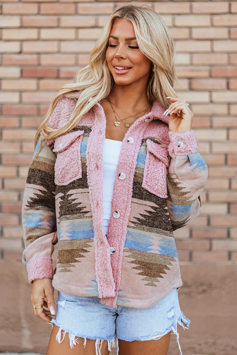 Khaki Western Aztec Print Sherpa Splicing Buttoned Flap Pocket Coat Beagle Boutique Fashion Outlet