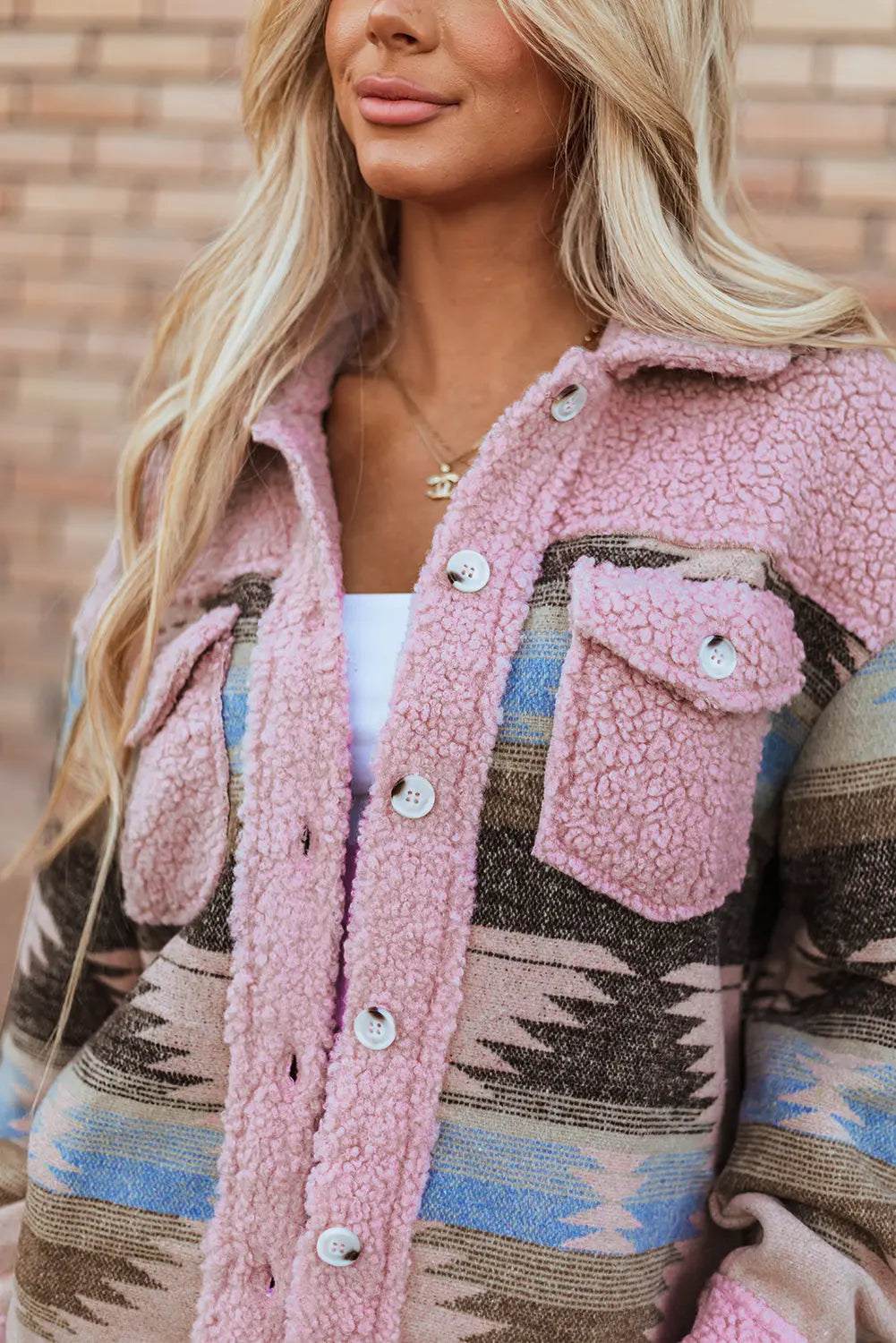 Khaki Western Aztec Print Sherpa Splicing Buttoned Flap Pocket Coat Beagle Boutique Fashion Outlet