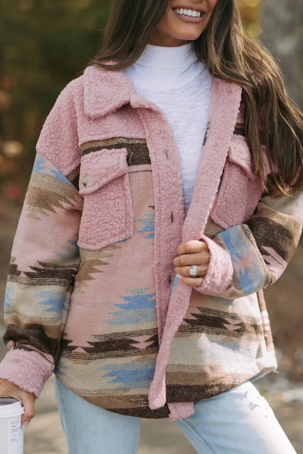 Khaki Western Aztec Print Sherpa Splicing Buttoned Flap Pocket Coat Beagle Boutique Fashion Outlet