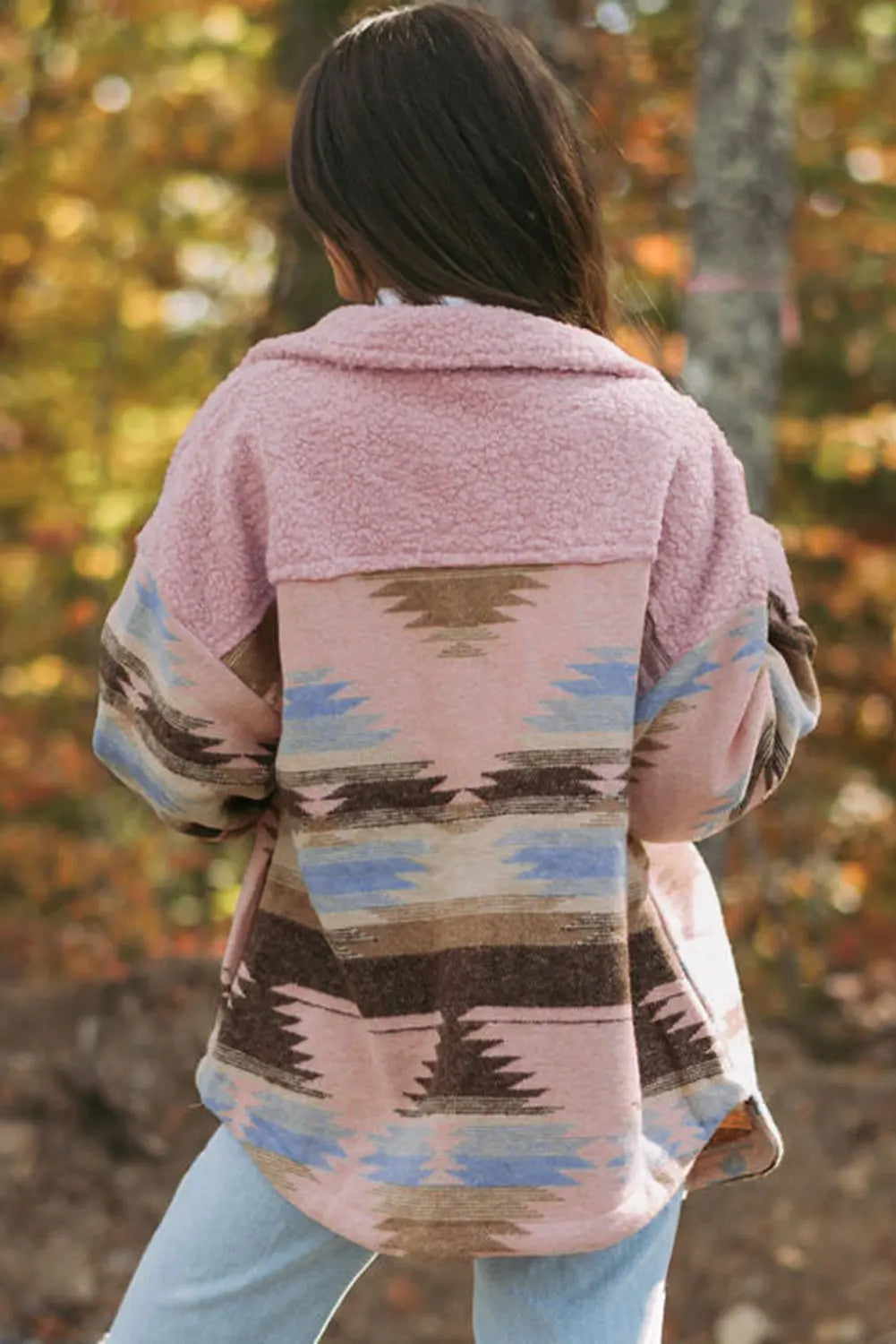 Khaki Western Aztec Print Sherpa Splicing Buttoned Flap Pocket Coat Beagle Boutique Fashion Outlet