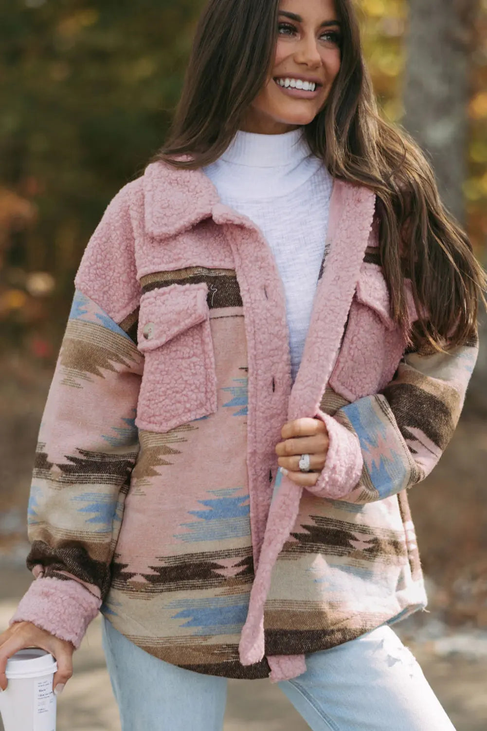 Khaki Western Aztec Print Sherpa Splicing Buttoned Flap Pocket Coat Beagle Boutique Fashion Outlet