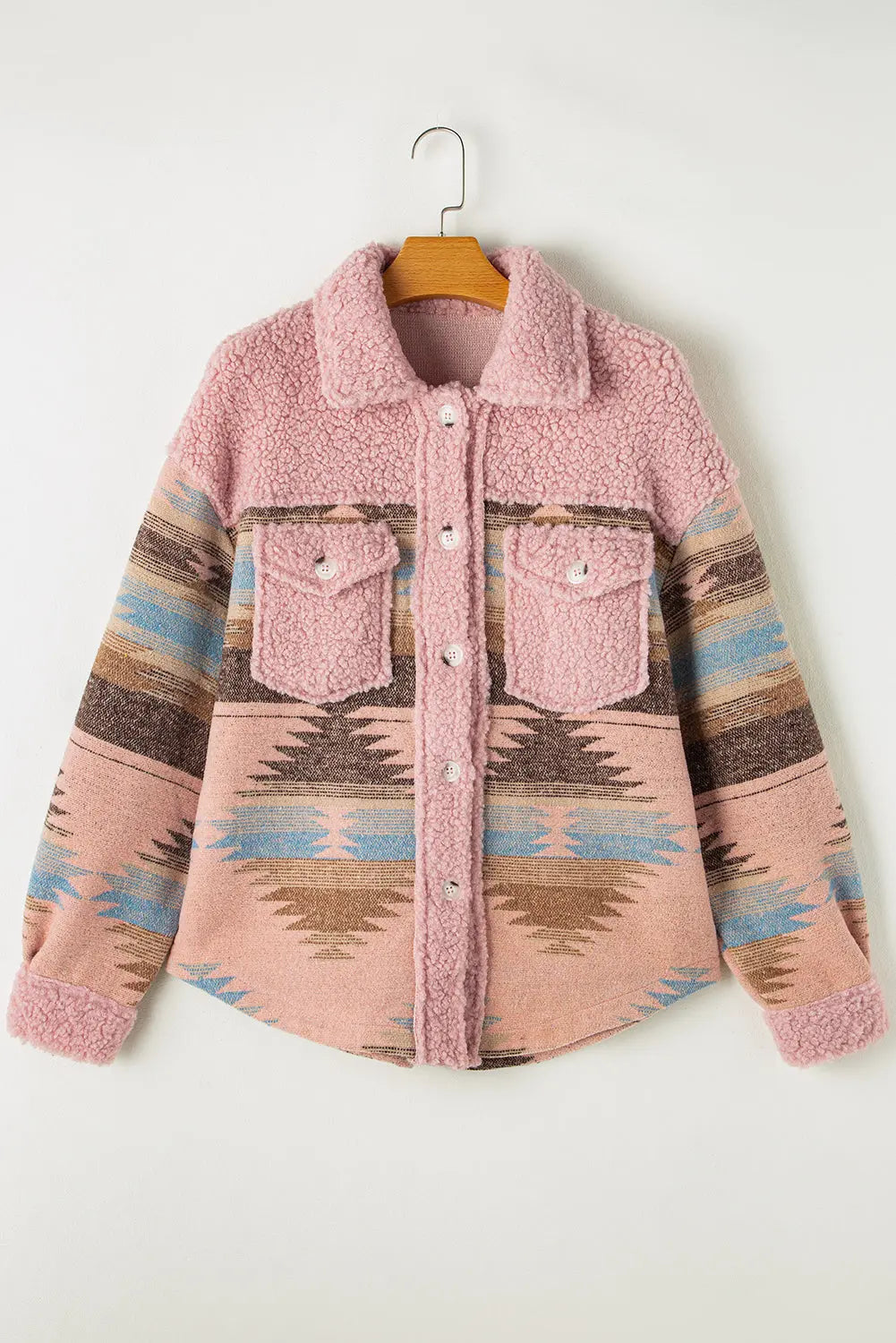 Khaki Western Aztec Print Sherpa Splicing Buttoned Flap Pocket Coat Beagle Boutique Fashion Outlet