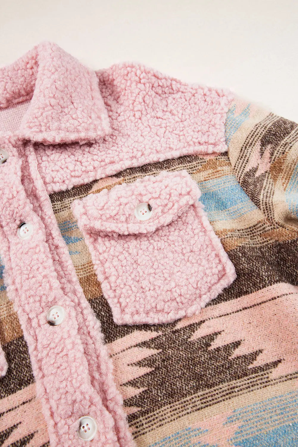 Khaki Western Aztec Print Sherpa Splicing Buttoned Flap Pocket Coat Beagle Boutique Fashion Outlet