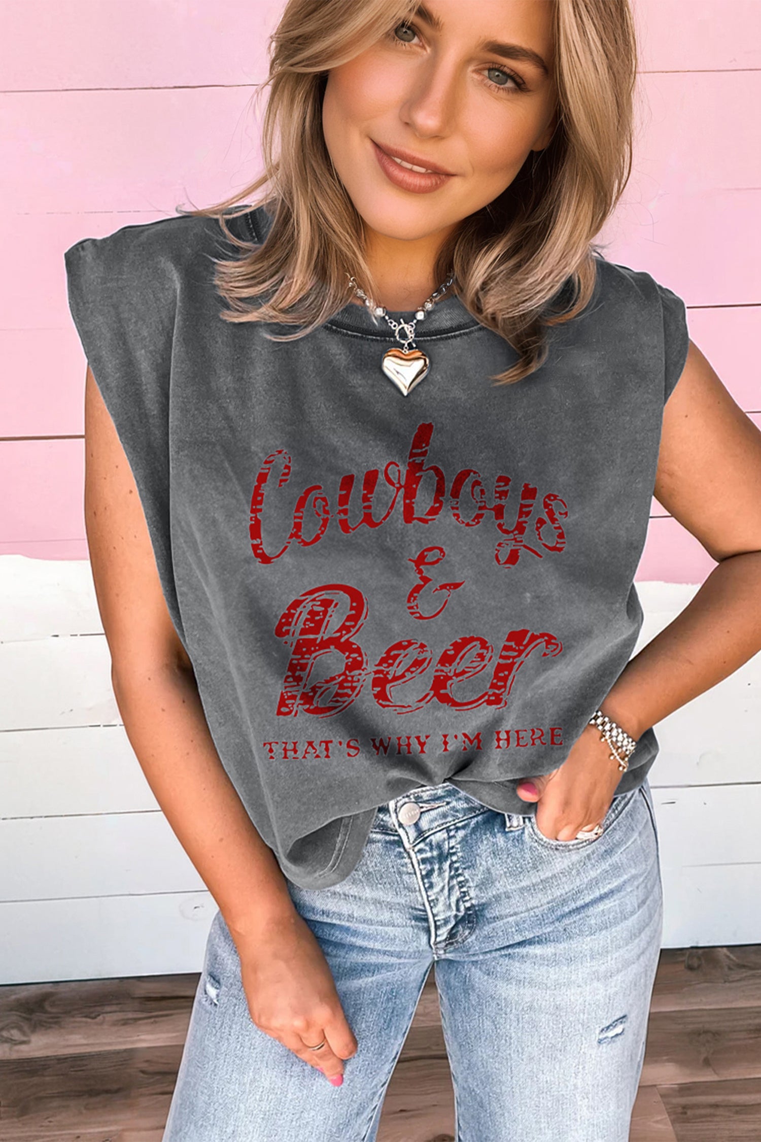 Cowboy & Beer Western Graphic Mineral Wash Tank Top - Tops/Tops Tees