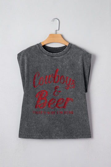 Cowboy & Beer Western Graphic Mineral Wash Tank Top - Tops/Tops Tees