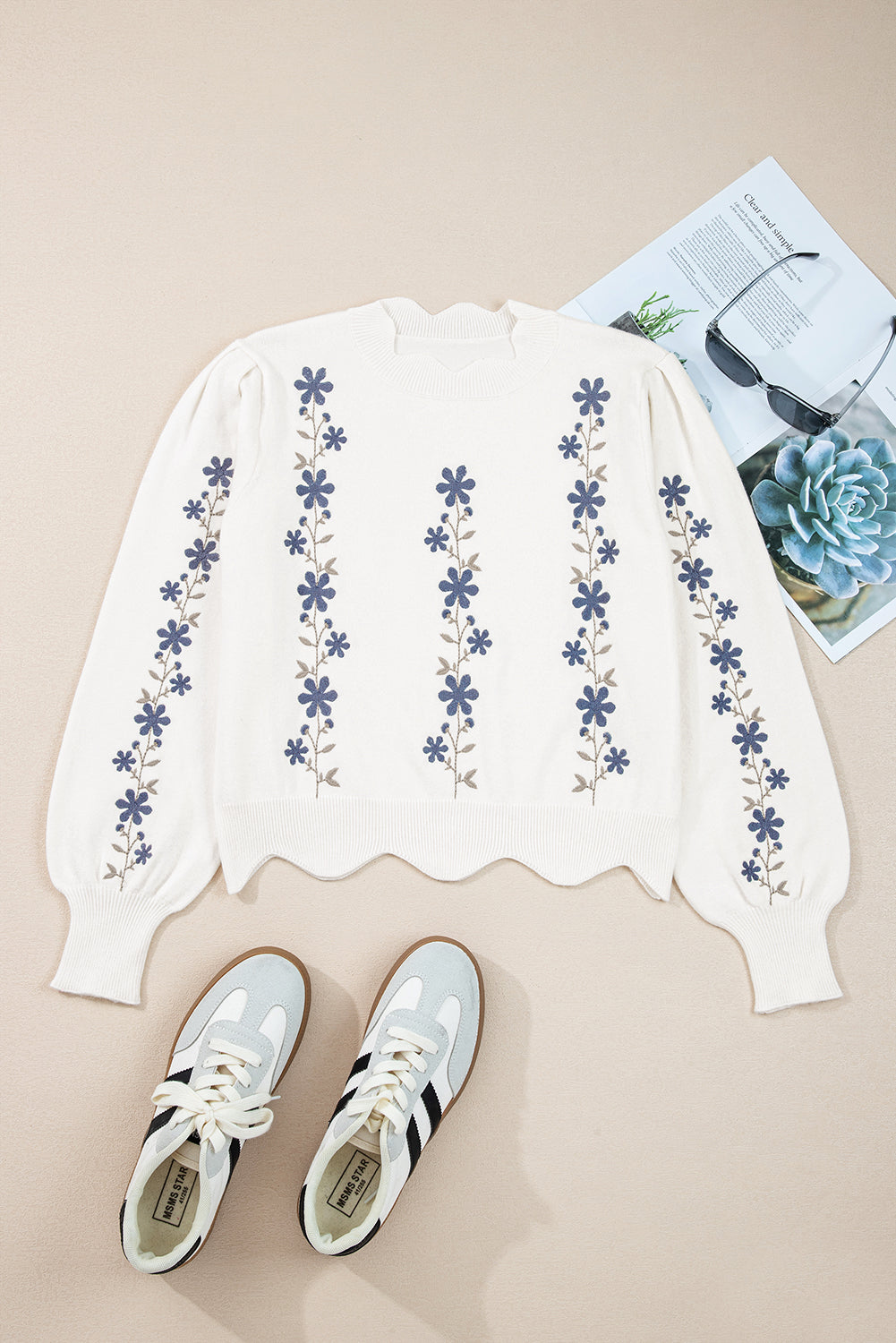 White Floral Embroidered Scallop Hem Cropped Sweater - Sweaters & Cardigans/Sweaters
