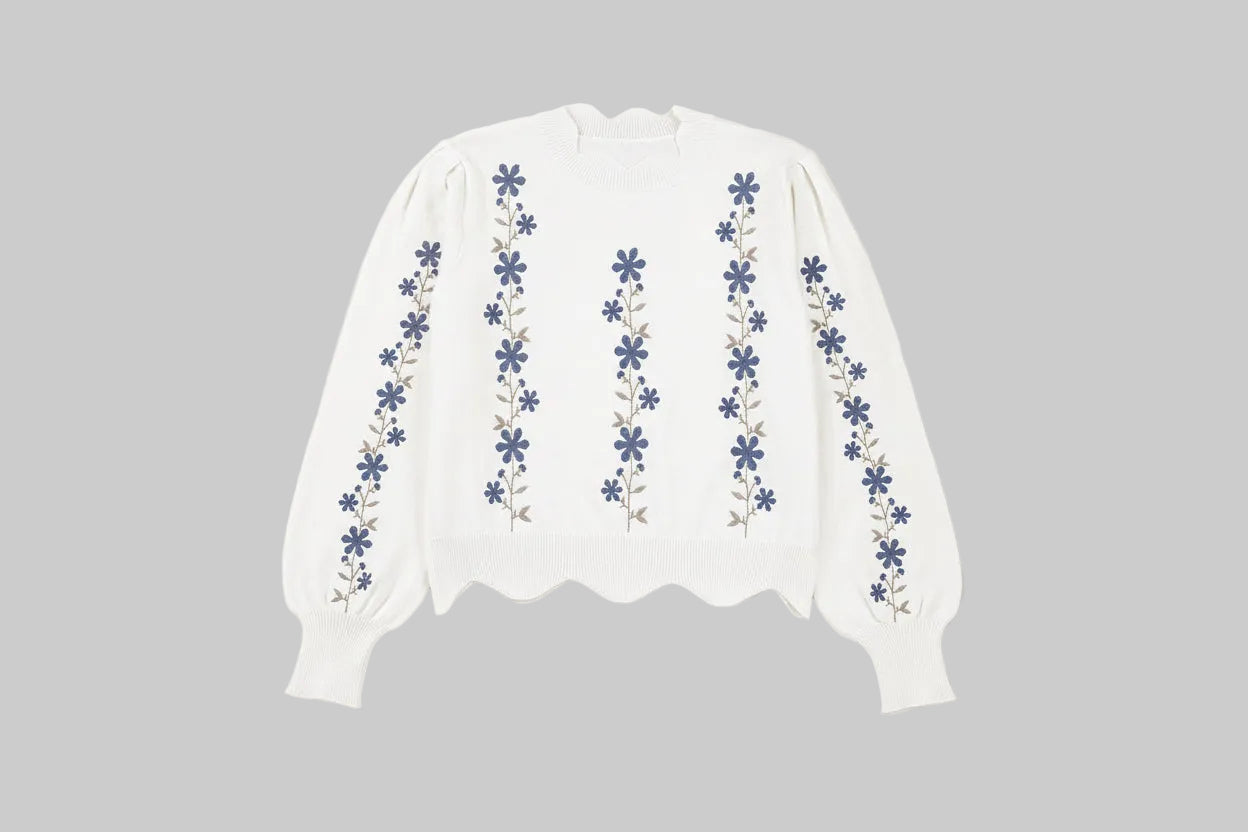 White Floral Embroidered Scallop Hem Cropped Sweater - Sweaters & Cardigans/Sweaters