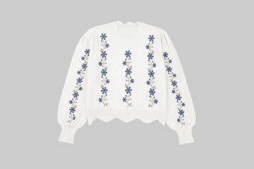 White Floral Embroidered Scallop Hem Cropped Sweater - Sweaters & Cardigans/Sweaters