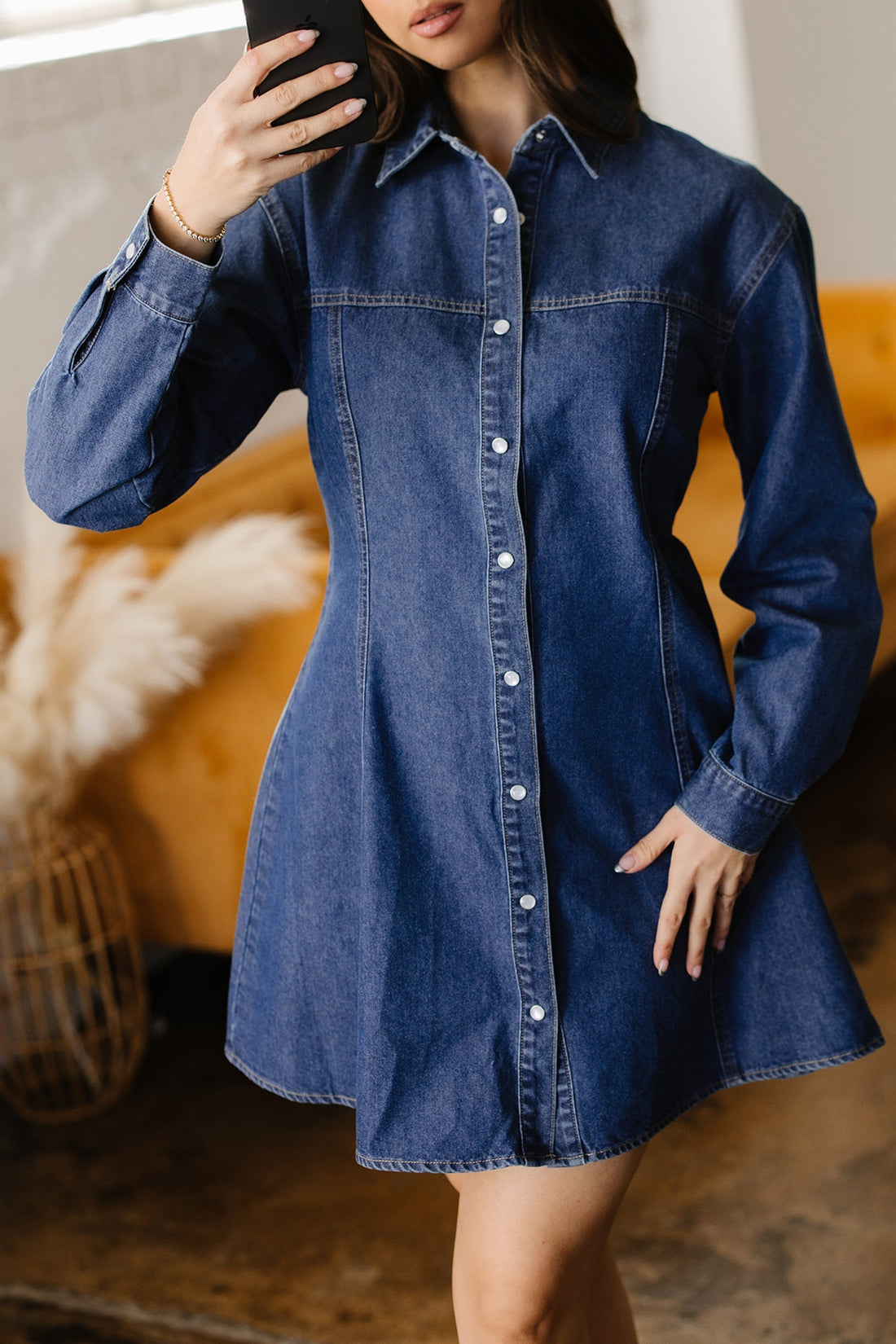 Ashleigh Blue Denim Shirt Collar Long Sleeve Flared Mini Dress - eAura