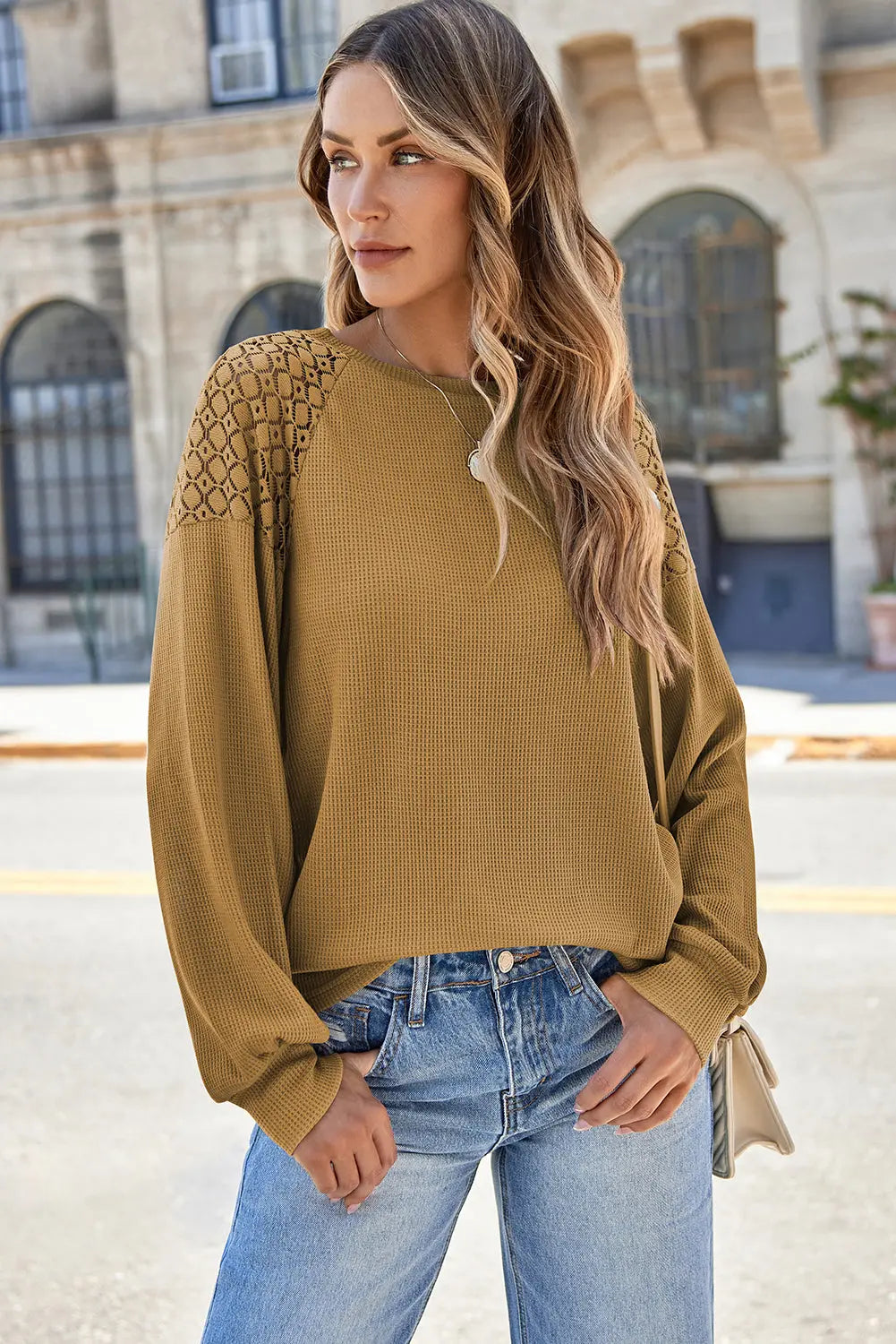 Lace Long Sleeve Textured Pullover - eAura