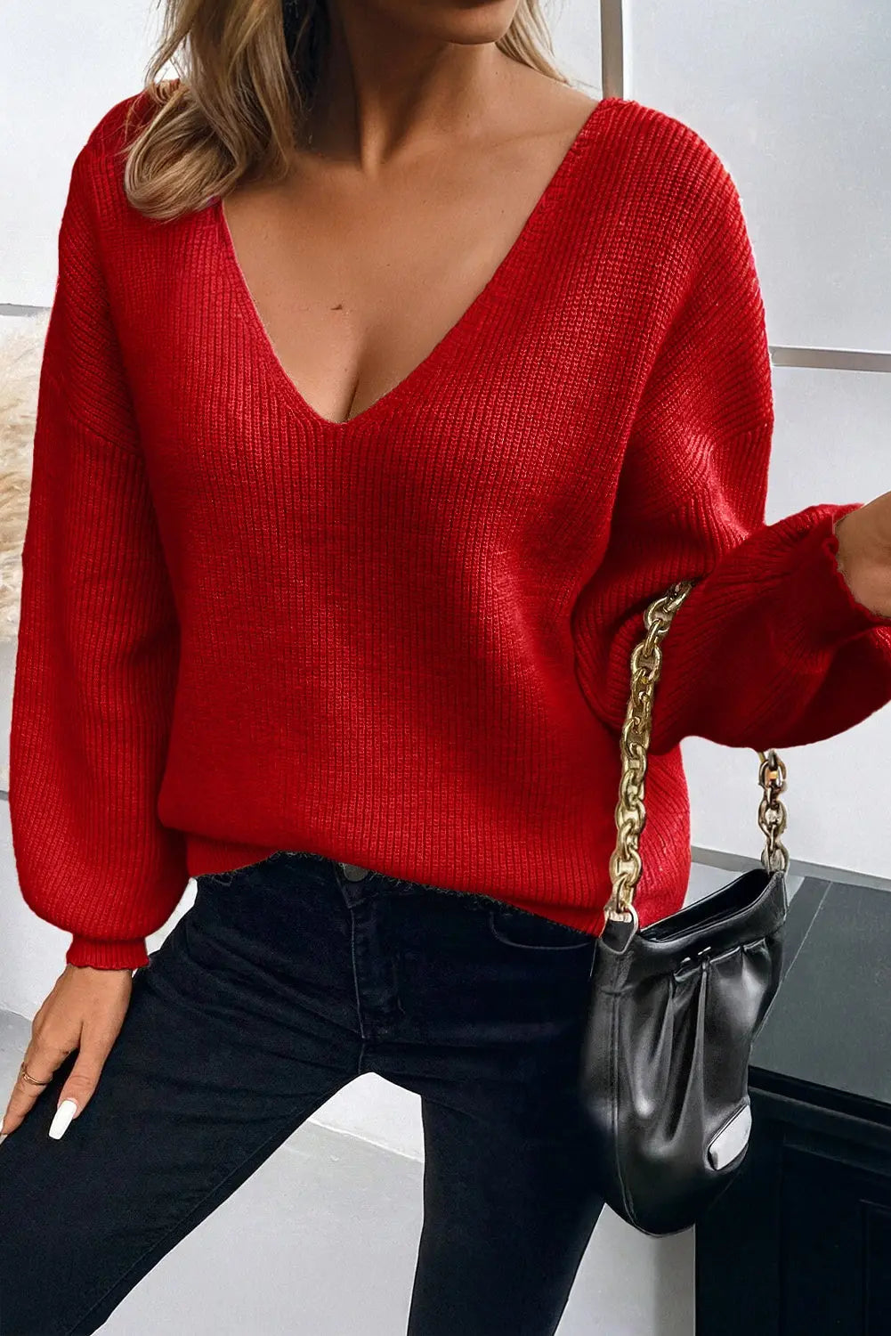 Lantern Sleeve V-Neck Knot Back Sweater - eAura