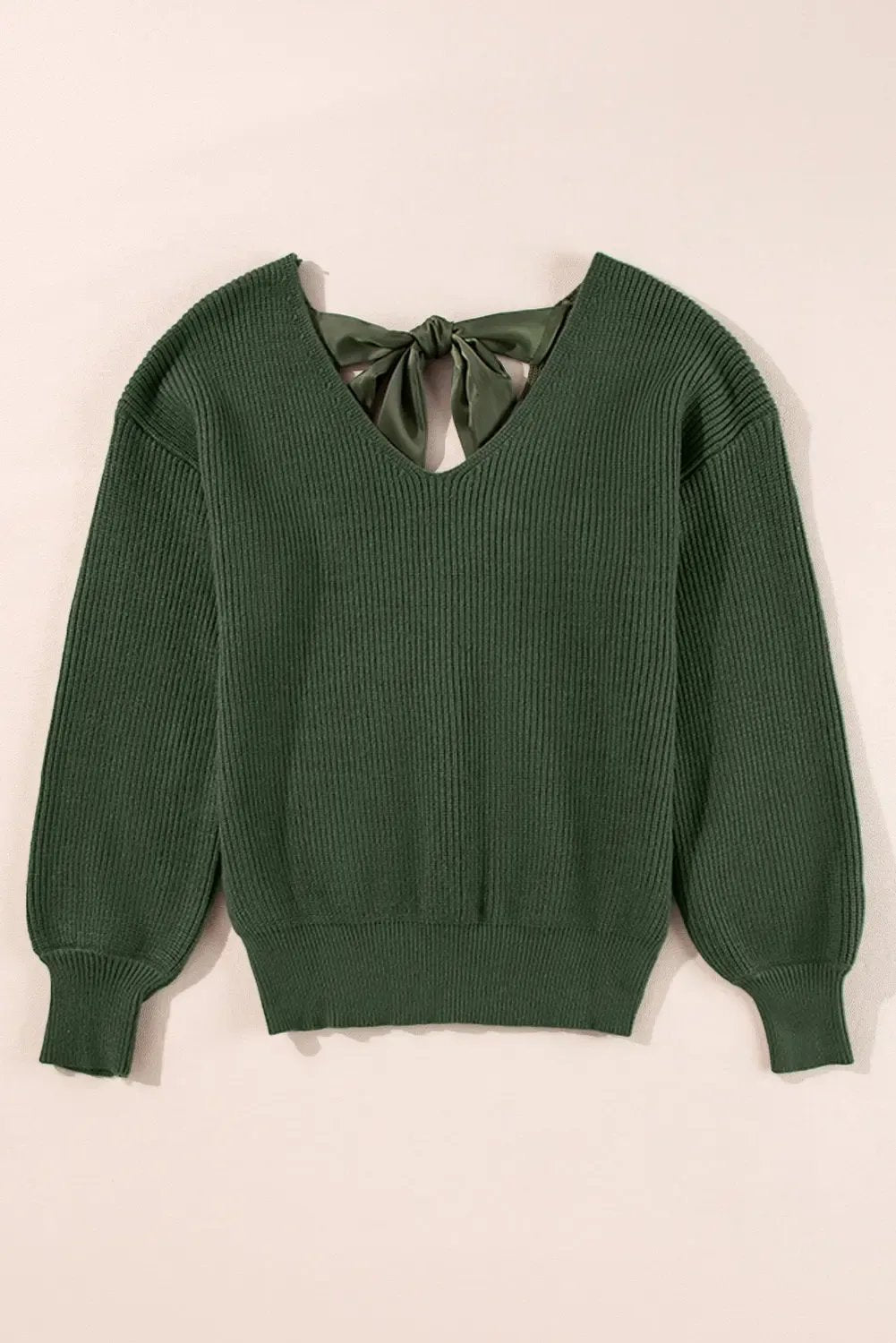 Lantern Sleeve V Neck Knot Back Sweater