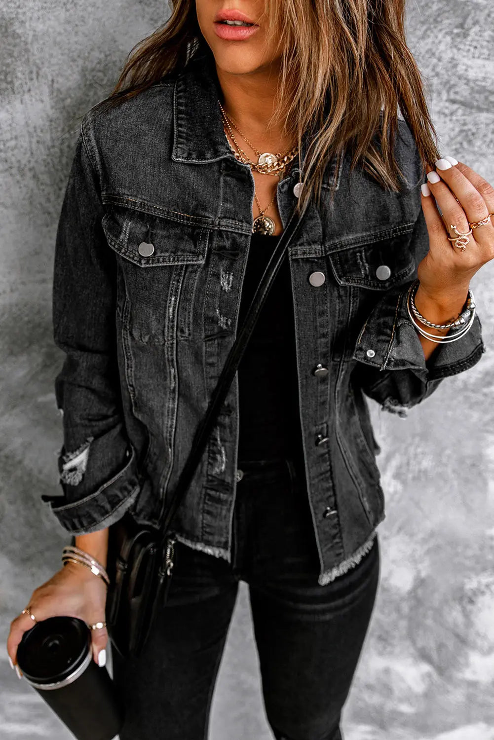 Lapel Distressed Raw Hem Buttons Denim Jacket - eAura
