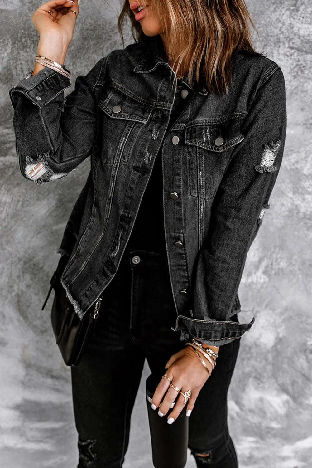 Lapel Distressed Raw Hem Buttons Denim Jacket - eAura
