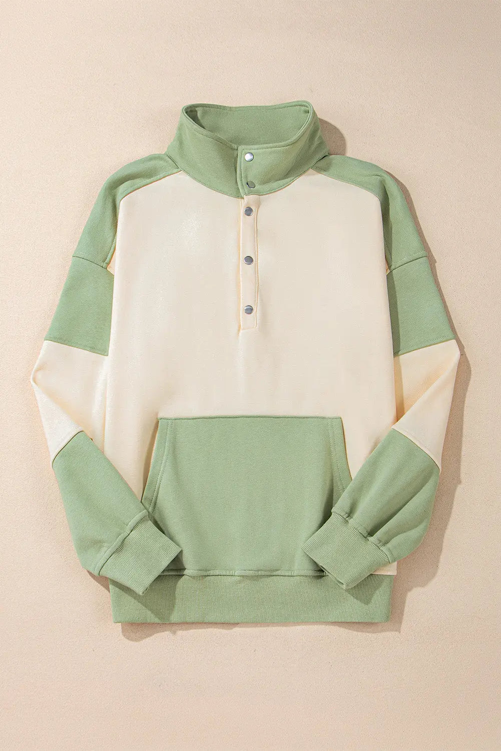 Laurel Green Colourblock Patchwork Buttoned Collar Kangaroo Pocket Sweatshirt Beagle Boutique Fashion Outlet