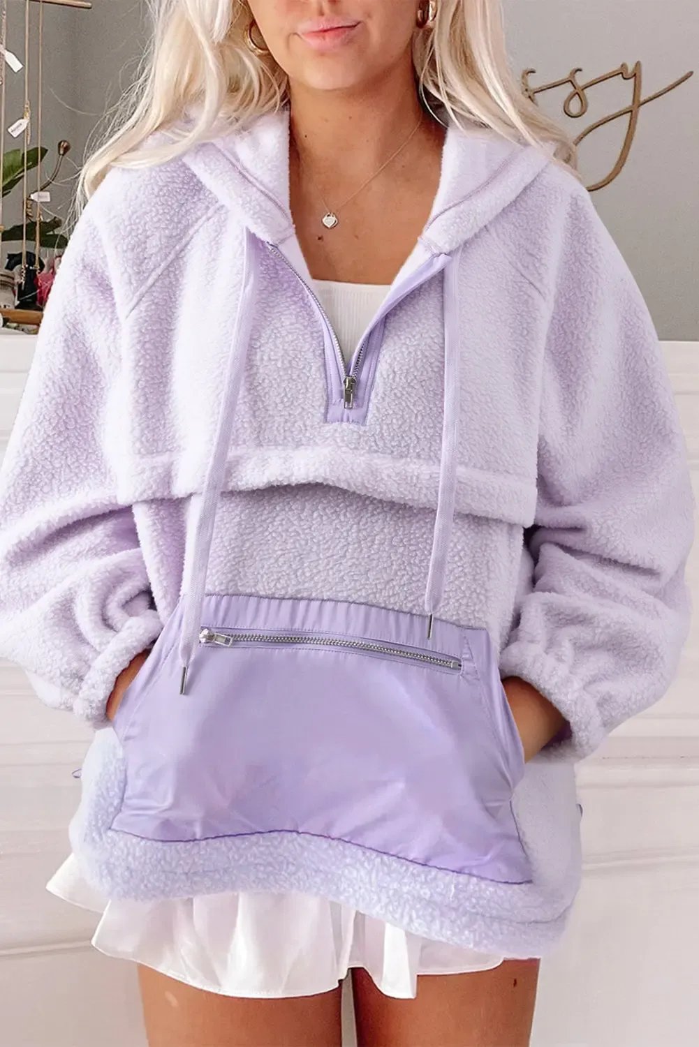 Women's Fuzzy Zipped Patch Pocket Drawstring Hoodie