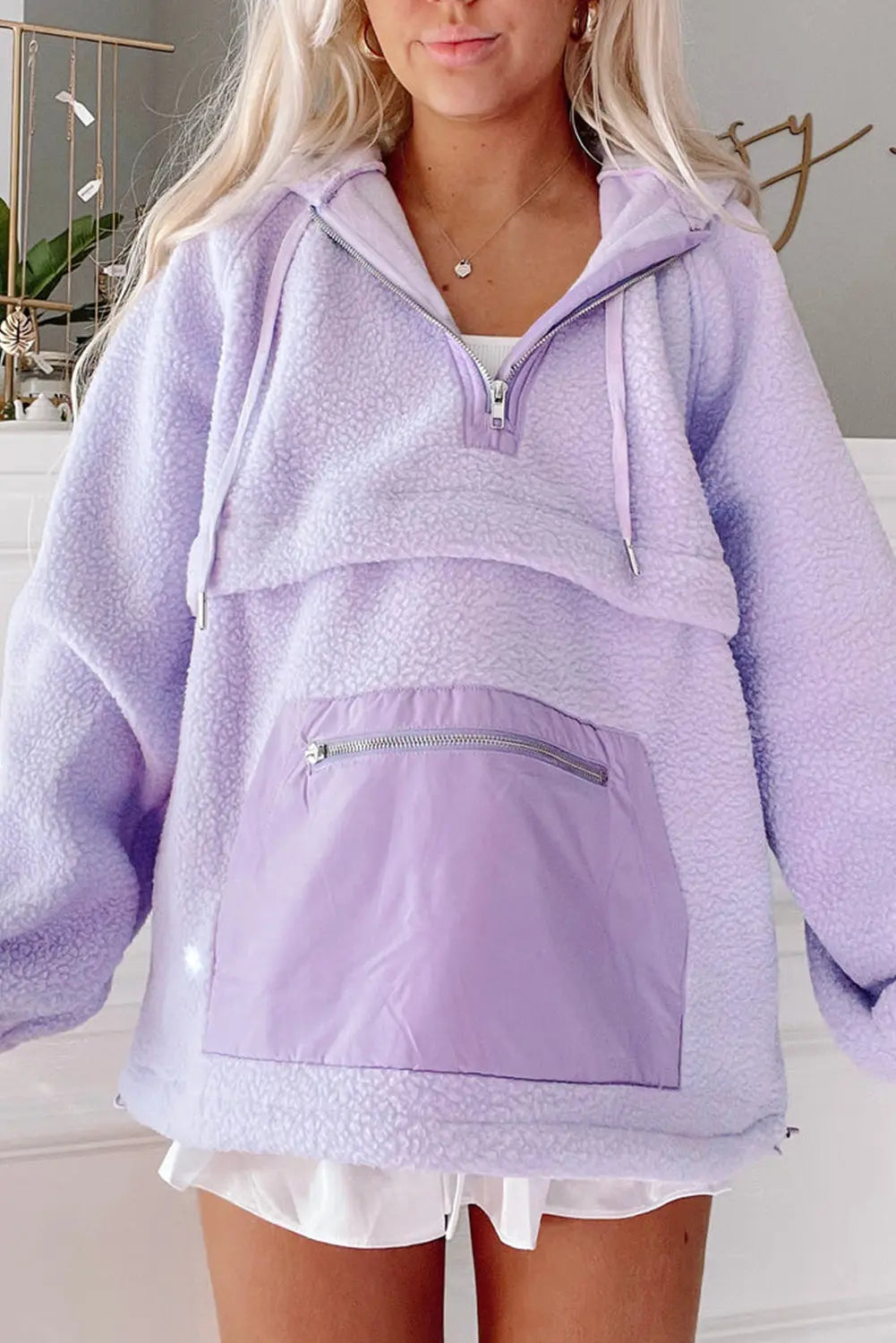 Lavendula Zipped Patch Pocket Fuzzy Drawstring Hoodie Beagle Boutique Fashion Outlet