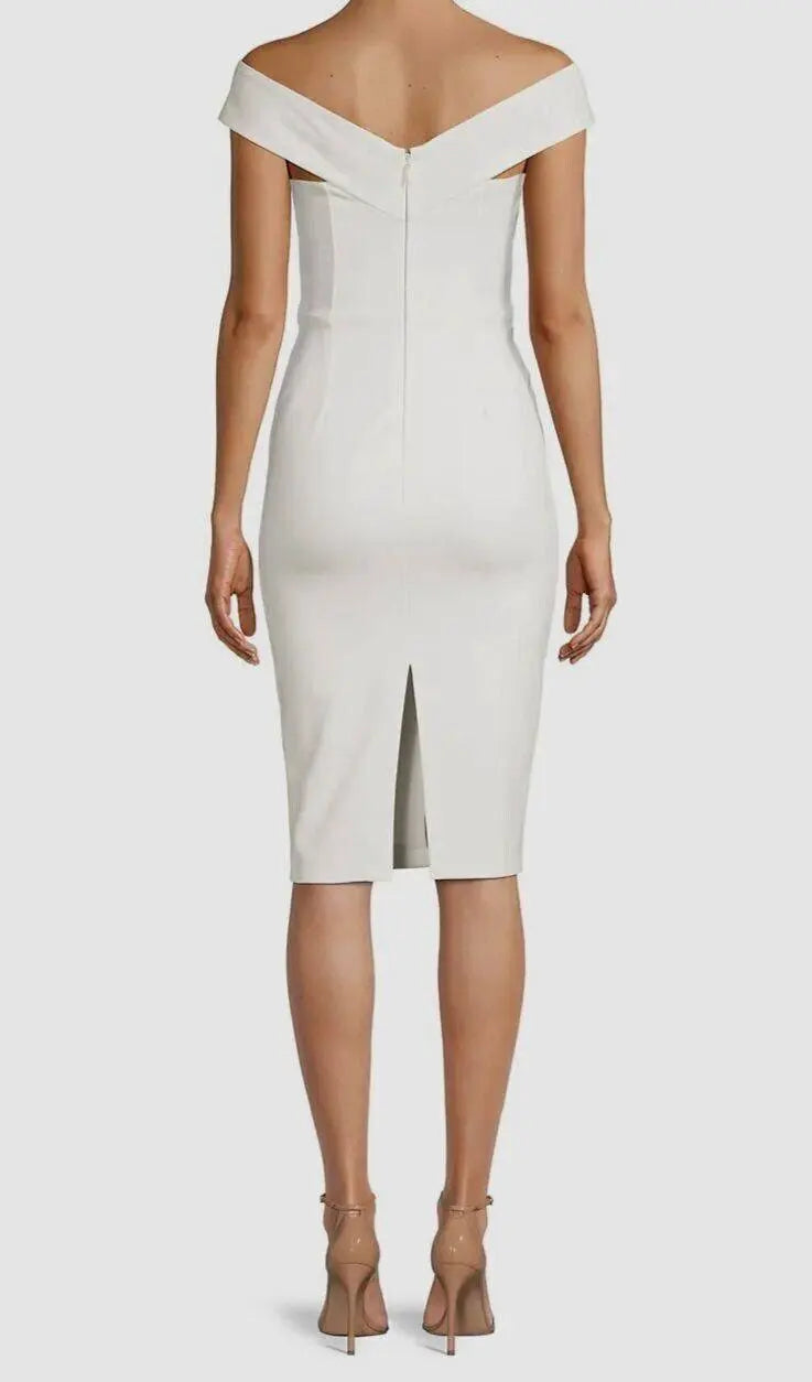Lavish Alice Off The Shoulder Wrap Ponte Dress in White Size 8 - BB Fashion Outlet