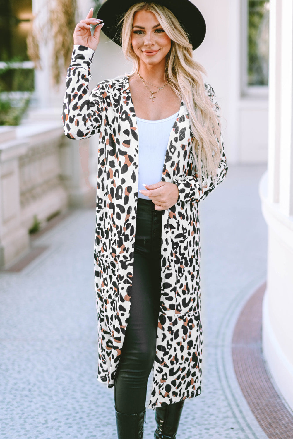 Leopard Pocketed Open Front Duster Cardigan - Sweaters & Cardigans/Cardigans