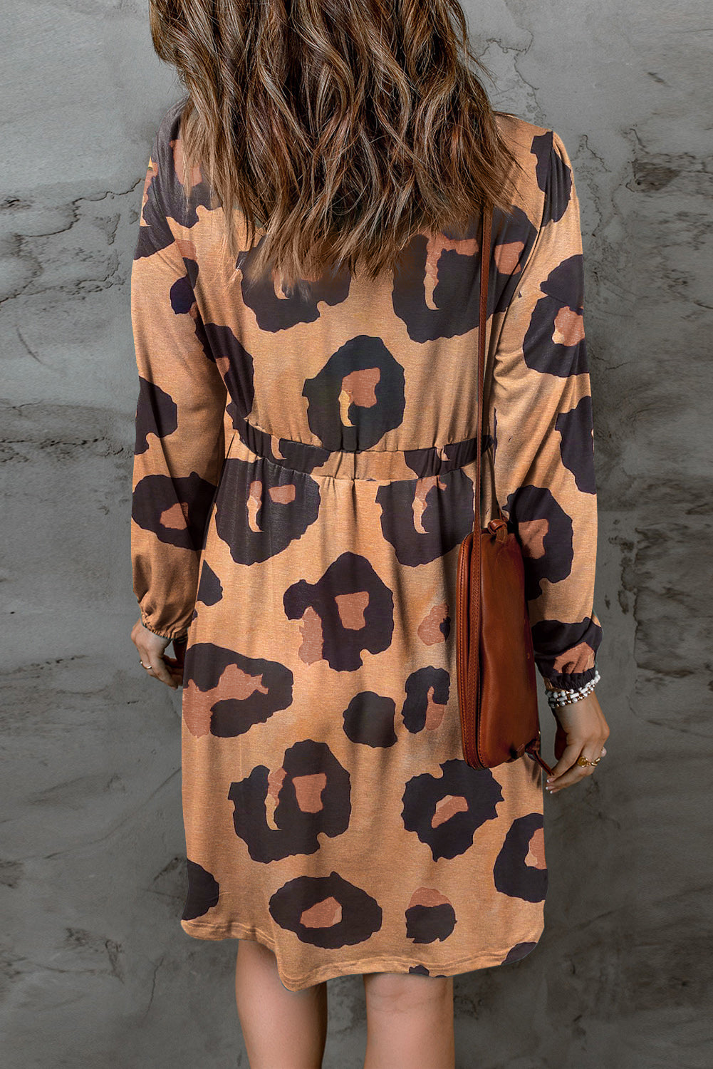 Leopard Print Button Front Bubble Sleeve Loose Knit Dress - eAura