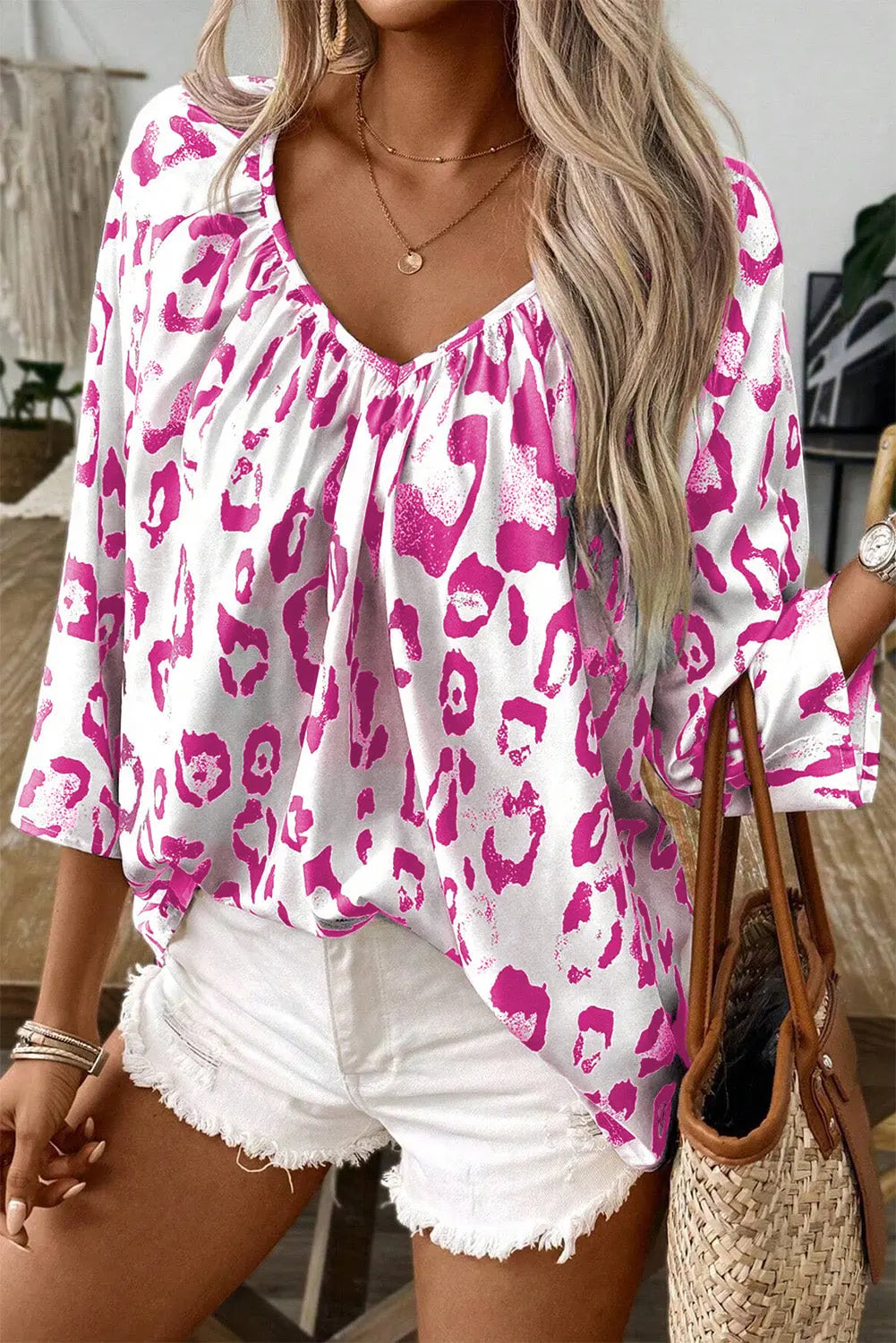 Leopard Print Ruched V Neck 3/4 Sleeve Blouse Beagle Boutique Fashion Outlet
