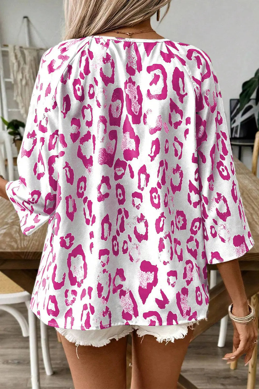Leopard Print Ruched V Neck 3/4 Sleeve Blouse Beagle Boutique Fashion Outlet