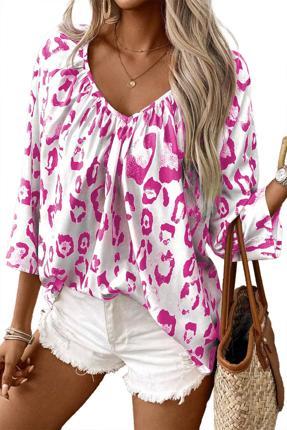 Leopard Print Ruched V Neck 3/4 Sleeve Blouse Beagle Boutique Fashion Outlet